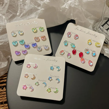 DAIIIBABYYY  -  Colorful Fairy Heart Stone Butterfly Moon Star Stud Earrings Set Women Y2K Sparkling Fashion Week 7 Days Earring Jewelry Gift